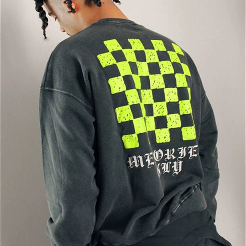 

2021 New Checkerboard Lattice Printing Askyurself Sweatshirts Men Women Washed Old Vintage Hoodie Loose Pullover Inside Tags Sb8a