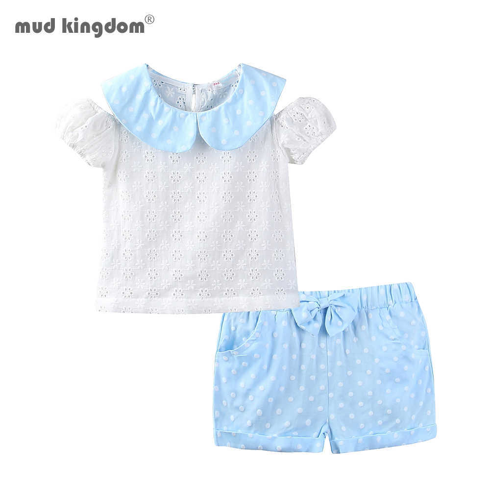 

Mudkingdom Girls Outfits Hollow-Carved Design Tops Polka Dots Bow Shorts Sets Summer 210615, Blue