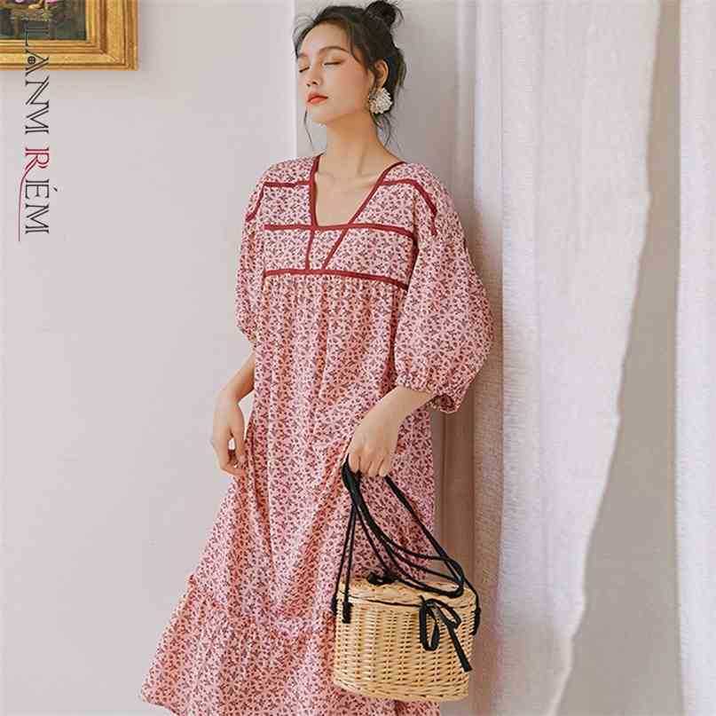 

Women Pink Printing Ruffles Mid-long Dress V- Neck Three Quarter Sleeve Loose Fit Fashion Summer 2E1566 210526
