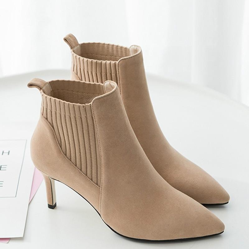 

Boots 2021 Women Ankle Short Flock Pointed Toe 7CM Thin Heels Winter Booties Woman Wool Elastic Slip On, Apricot