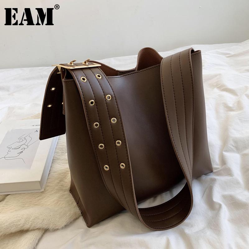 

[EAM] Women New Wide Strap Large Capacity PU Leather Personality All-match Crossbody Shoulder Bag Fashion Tide 2021 18A1527, Black