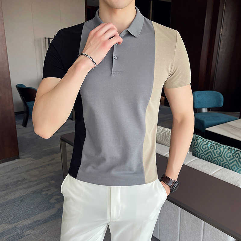 

Summer Short Sleeve POLO Shirts Men Slim Fit Casual Business Polo Shirt Stitching Streetwear Lapel Tee Tops Male Clothes 210527, Khaki
