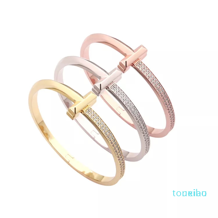 

Fashion New Arrrivals Luxury T1 Design Stainless steel Men Women Narrow and Wide version letter cuff bangle bracelet cyrstal and without, Golden;silver
