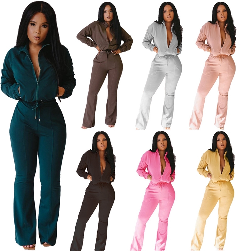 

2021 New Spring Autumn Women' Two Top and Casual Zip Jacket Flared Pants Women Set Solid Sport Suit 2 Piece Sets Outfits Alih
