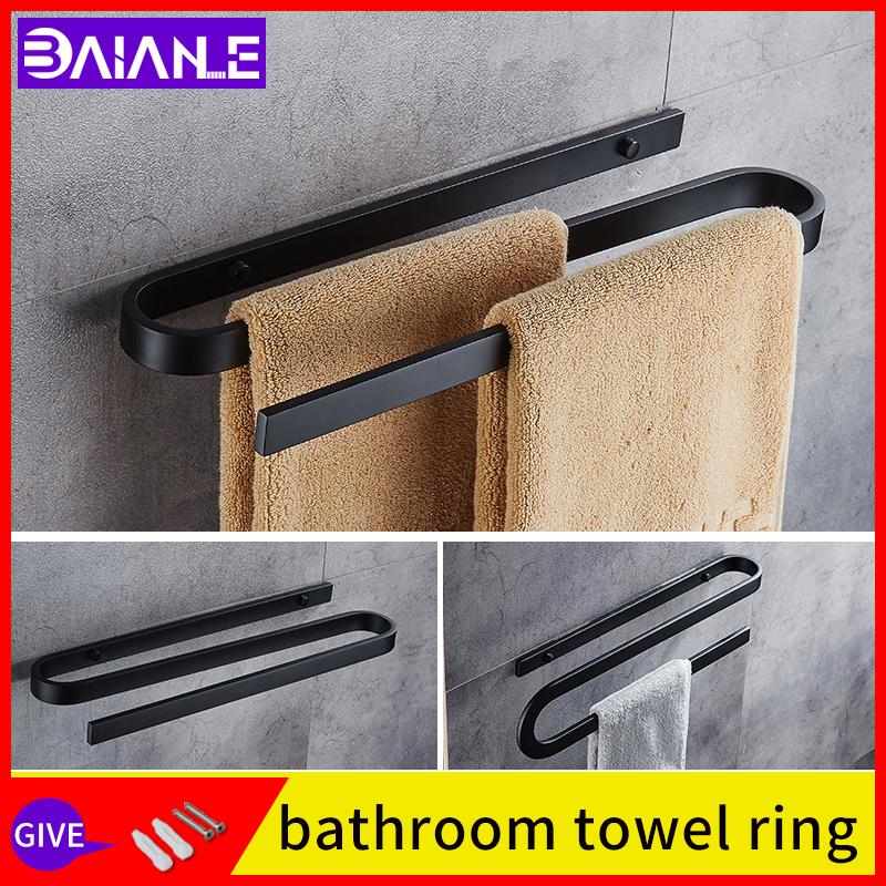 

toilet towel rack black square wall mounted bathroom fixture thickening double towel ring holder washroom shelves storage rack, B-towel ring