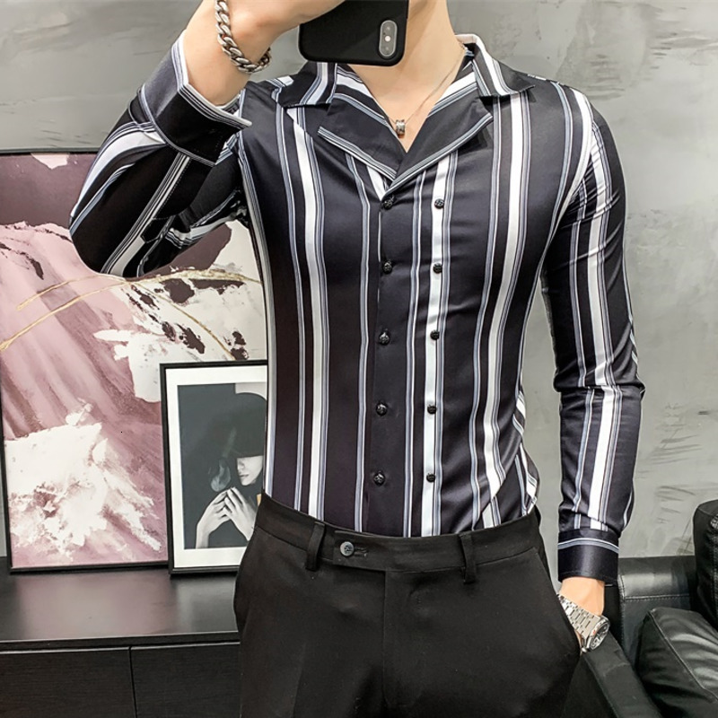 

2021 New Korean Slim Fit Floral Personality Stripe Printing Fashion Spring Casual Long Sleeve Night Club Men Social Shirt O2mx, Black