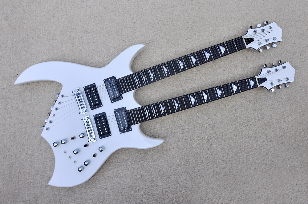 Factory Custom Cool White Double Neck Black Electric Guitar With 6+6 Strings Guitar,Chrome Hardware,Rosewood Fretboard,Offer Customized-image-715342395