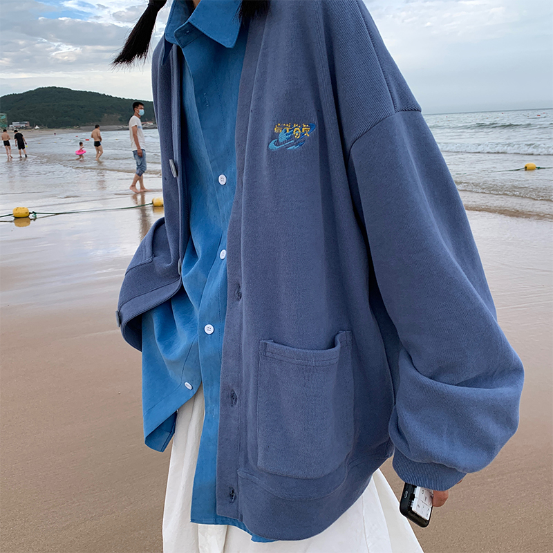 

New Embroidery Knitted Women Spring Autumn 2021 Long Sleeve Tops with Pocket v Neck Female Cardigan Ribbed Stylish Jr7j, Blue