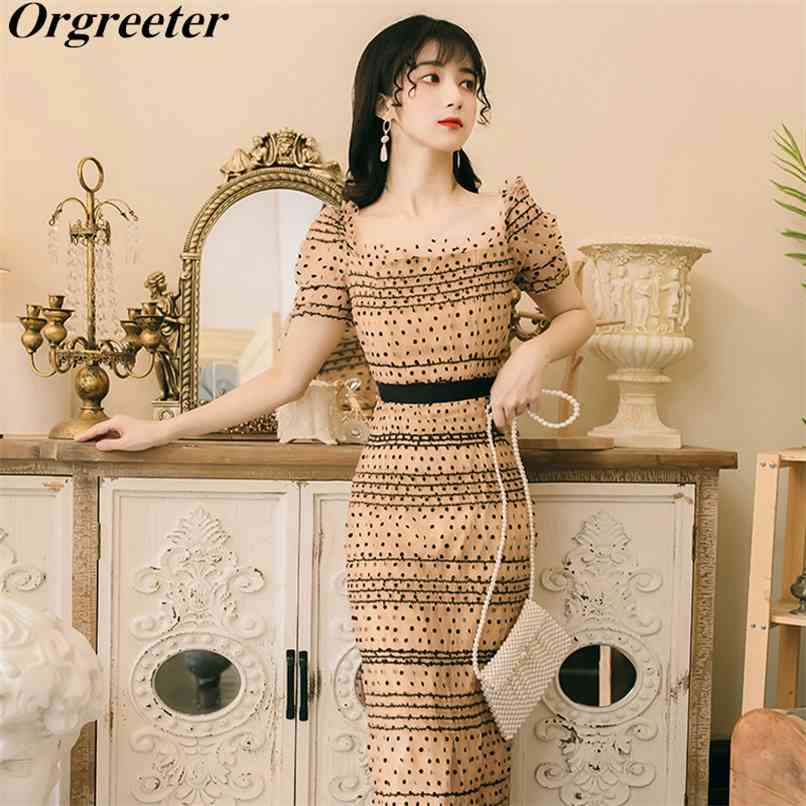 

Summer Runway Design Mesh Polka Dot Sheath Dress Square collar Elastic Bust Puff sleeved Ruched Mid Party 210602, Khaki