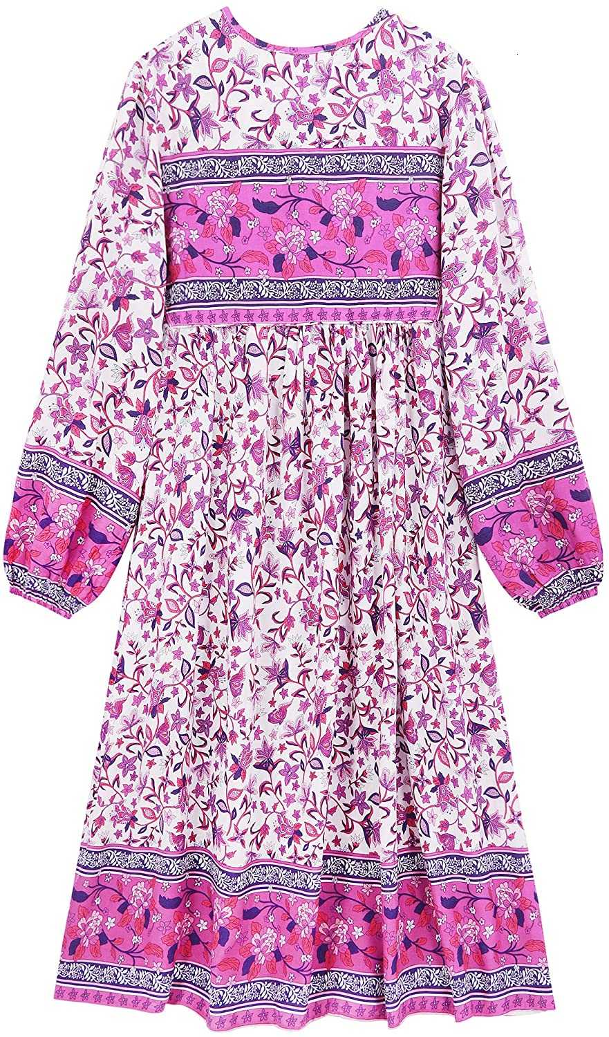 

Retro R.Vivimos Women's Long V Sleeve Floral Print Neck Tassel Bohemian Midi Dresses, Goldenrod