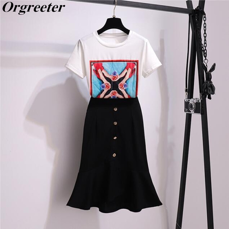 

Runway Design Personality Printing high heels O-neck Short sleeve Tshirt Two piece Bosycon Single-breasted Mermaid Skirt Set 210525, White