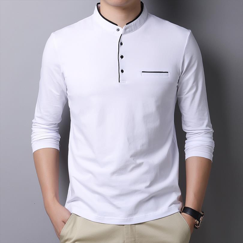 

spring shirt 95% cotton men polos solid color mandarin collar long sleeve slim fit homme t805, White;black