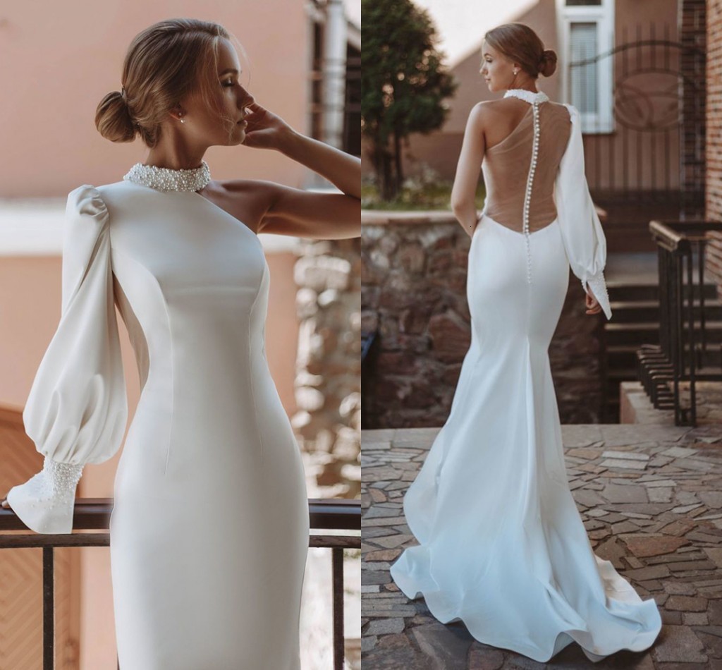 

New Pearls Wedding Mermaid 2021 O-neck One Shoulder Sleeve Illusion Backless Satin Bridal Gown Custom Made V4wn, Ivory