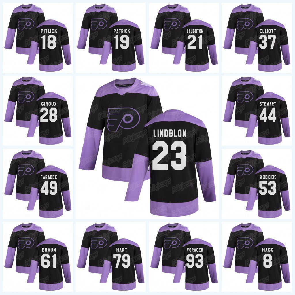 

23 Oskar Lindblom Shayne Gostisbehere 2020 Hockey Fights Cancer Philadelphia Flyers Carter Hart Jakub Voracek Justin Braun Sean Couturier