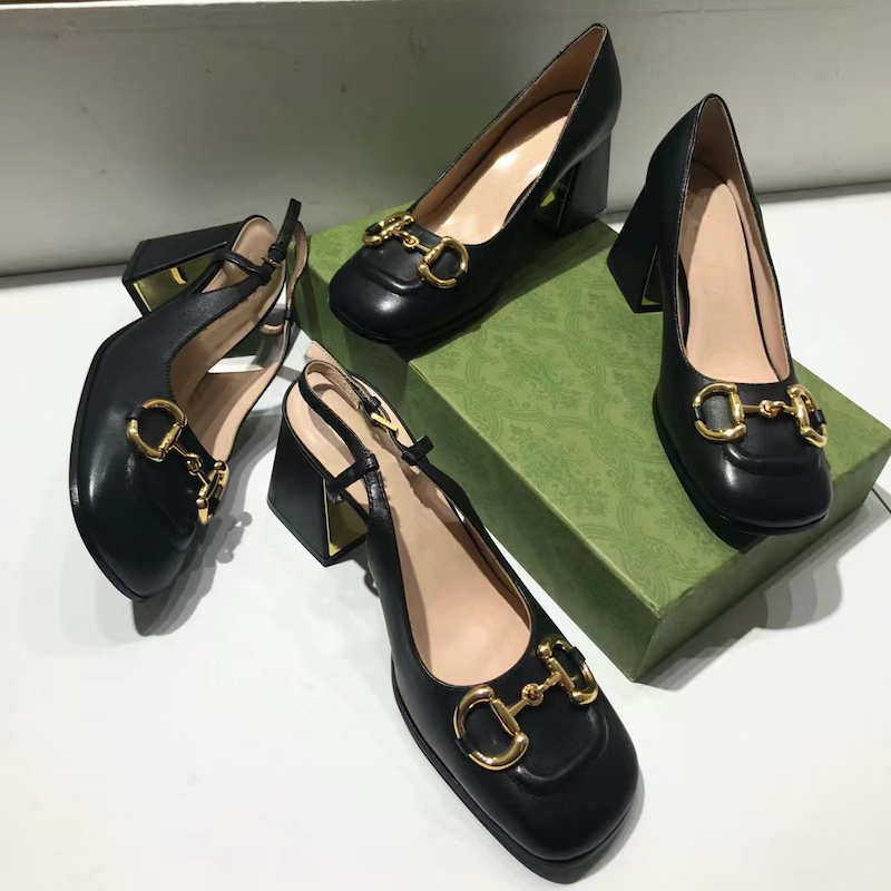 

Women Slingback with Horsebit Top Grade Cowhide Mid-heel Designer Sandals Python Print Leather High Heels Square Toe Buckle Shoe 273, Color 1