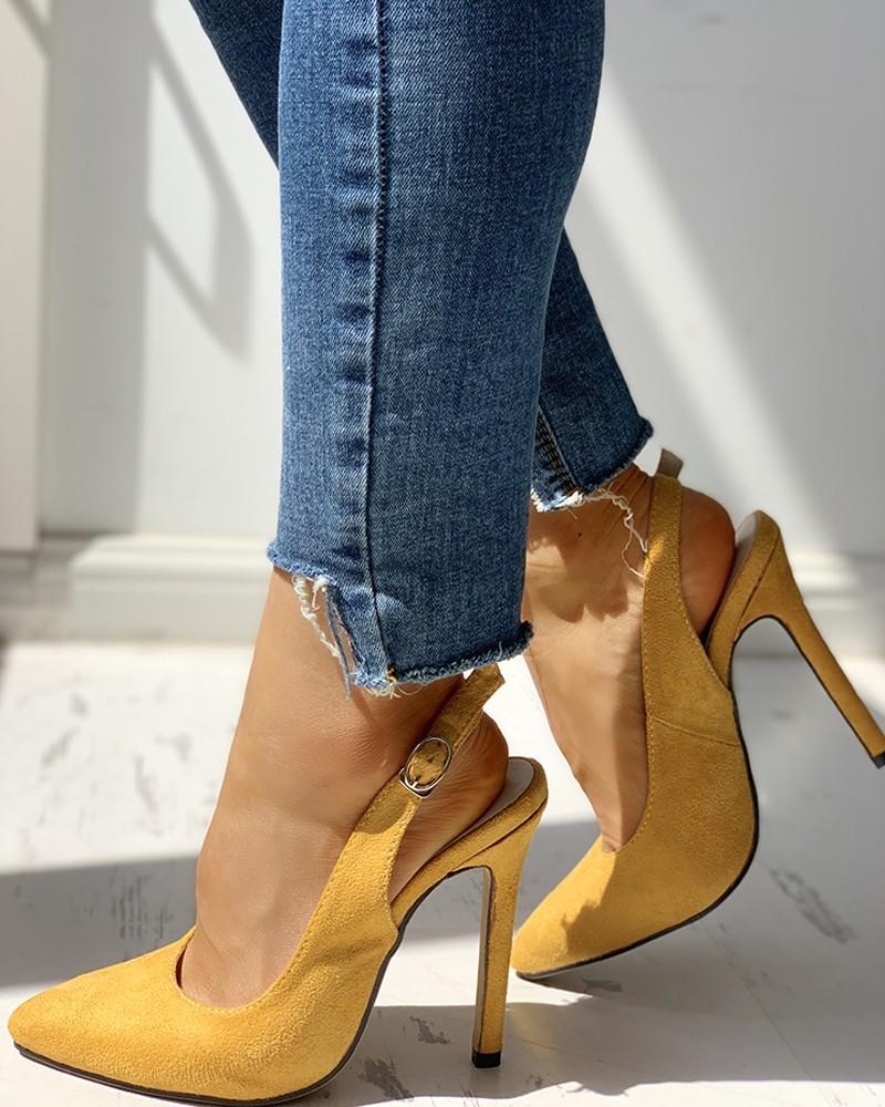 

New Women Summer Ankle Strap Sandals Thin High Heels 8cm Pointed Flock Pumps Office Party Shoes, Yellow