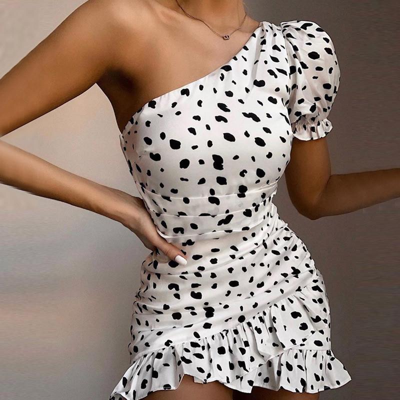 

Polka Dot One Shoulder Mini Dress Women Sexy Puff Sleeve Ruffle Hem Tunic Dresses Female 2021 Summer Ruched Sweet Lady Vestidos, Black;gray