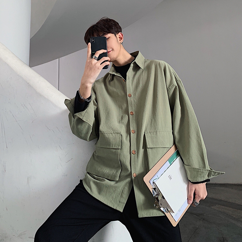 

2021 New Men's Green/black/white/khaki Color Cotton Work Clothes Pocket Long Sleeve Brand Coats Fashion Loose Shirts -xl L4xa
