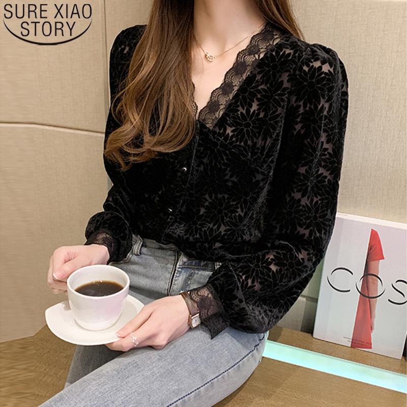 

Women's Blouses & Shirts Women Tops Fashion V-neck Velvet Clothes Vintage Lace Blouse Autumn Long Sleeve Black Shirt Slim Solid Elegant 1578, White