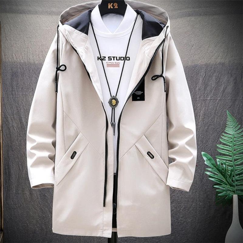 

Men's Trench Coats Coat Windbreaker Jacket Mid-Length Streetwear Hip Hop Men Outwear Hooded Outdoor Jackets, Black