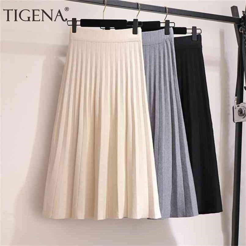 

TIGENA Elegant Midi Pleated Knitted Skirt Women Autumn Winter Korean Knee Length a line High Waist Female Ladies 210702, Green