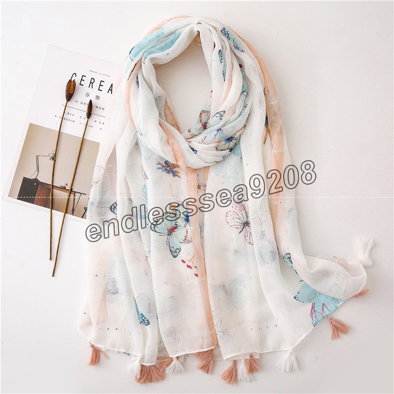 

2021 Newest Floral Print Scarf Shawls Tassels Fashion Muslim Hijabs Butterfly Head Wraps Large Size Headscarf Turbans 180*90CM