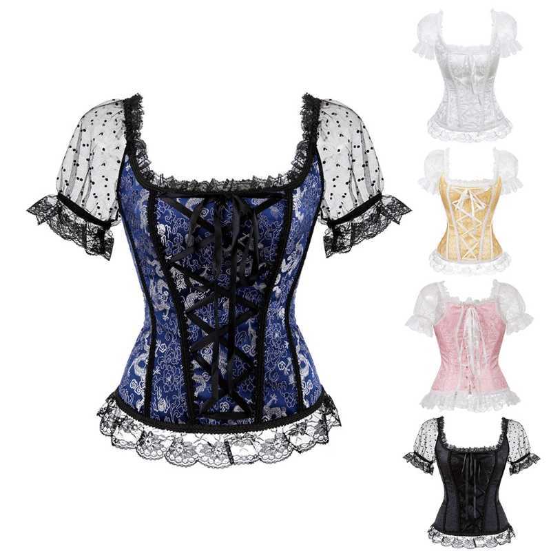 

Straps Short Sleeve Corsets Tops Ladies Erotic Floral Tulle Up Shape Body Corset Bustier Overbust Corselet Burlesque . P0817, Black