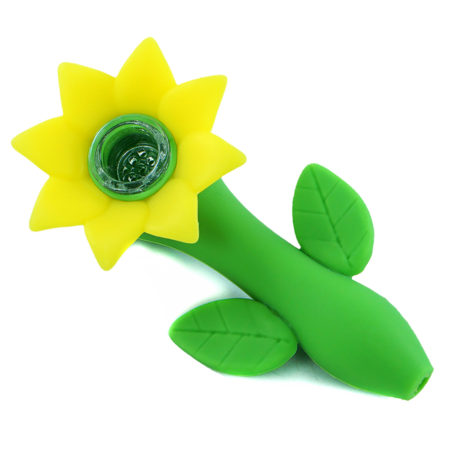 

custom links Sun flower smoking pipe held mini hand pipes silicone water bong tobacco bubbler Dab Rig with glass bowl