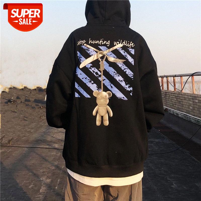 

OVERSIZE loose hooded sweater men and women INS hip-hop bear print plus velvet jacket #wf7j, Black