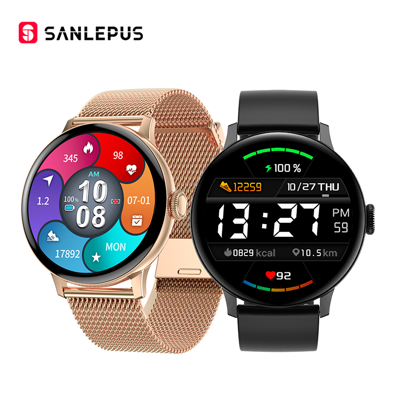 

SANLEPUS 390*390 HD Screen Smart Watch 2021 Women Men Smartwatch IP68 Waterproof Heart Rate Monitor For Android iOS Samsung, Gold-silicone strap