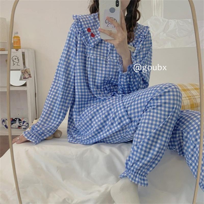 

Women's Sleepwear 2021 Autumn Pajamas Suit Cute Blue Plaid Comfortable Long Sleeve Trousers Home Wear Two-Piece, Plaid doll collar