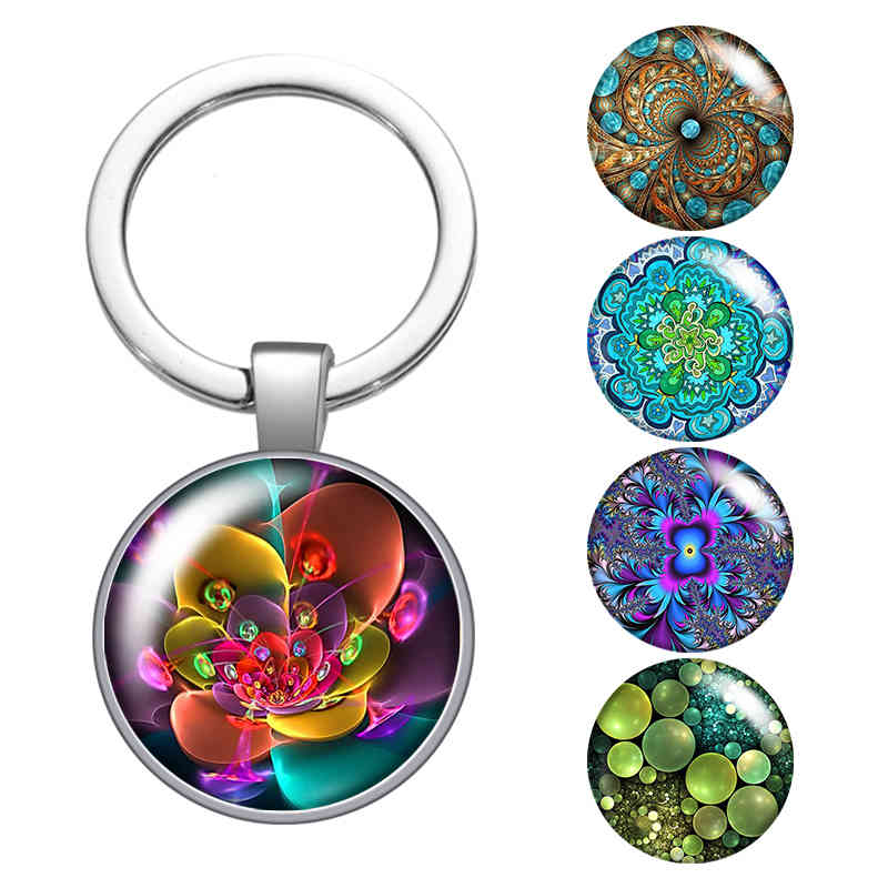 

Colorful Patterns Bubbles Ice Texture Glass Cabochon Keychain Bag Car Key Rings Holder Silver Plated Key Chains Man Women Gifts