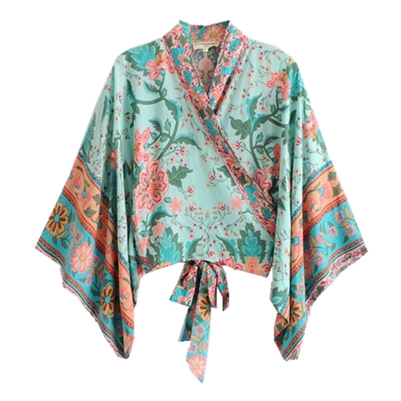 

Bohemian Flower Print Kimono Bow Tie Peacock Shirt Vintage Woman Batwing Sleeve Cross V-Neck Cardigan Loose Blouse Femme Blusas Y200828, As picture