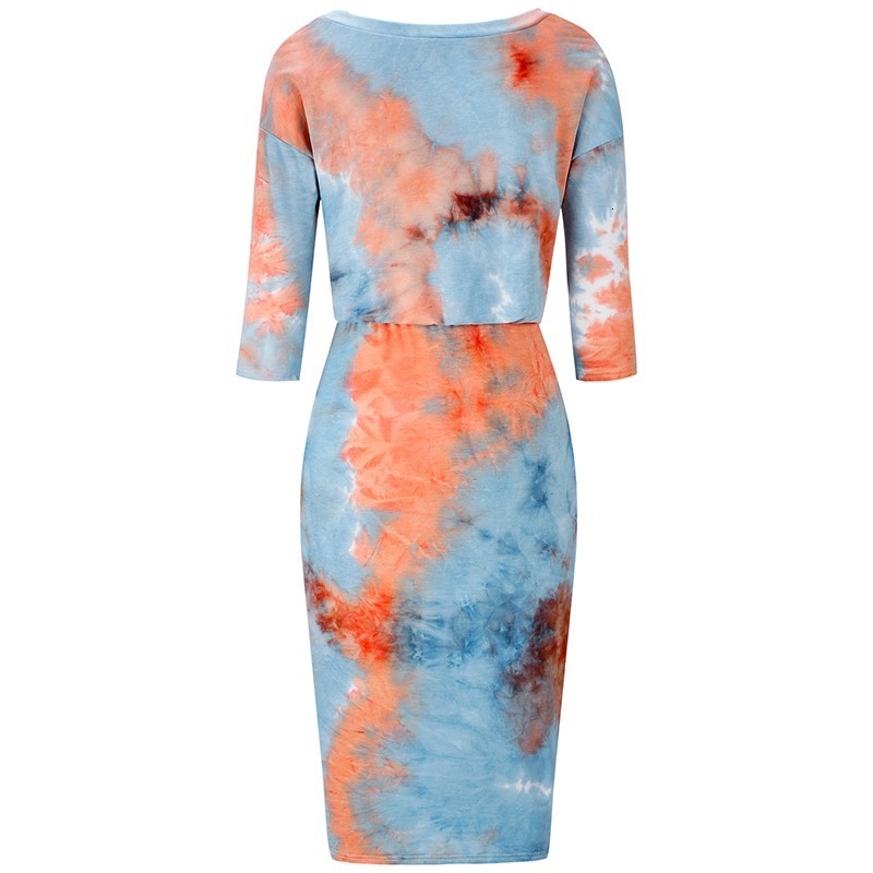 

2021 New Autumn Tie Dye Bodycon Women Clothes Fashion v Neck 3/4 Sleeve Plus Size Elegant Ladies Es Casual Midi Femme 98xv, Yellow