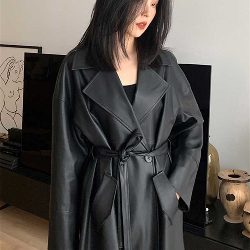 

Lautaro Spring Autumn Long Oversized Black Leather Trench Coat for Women Sashes Single Button Loose Stylish Korean Fashion 211110