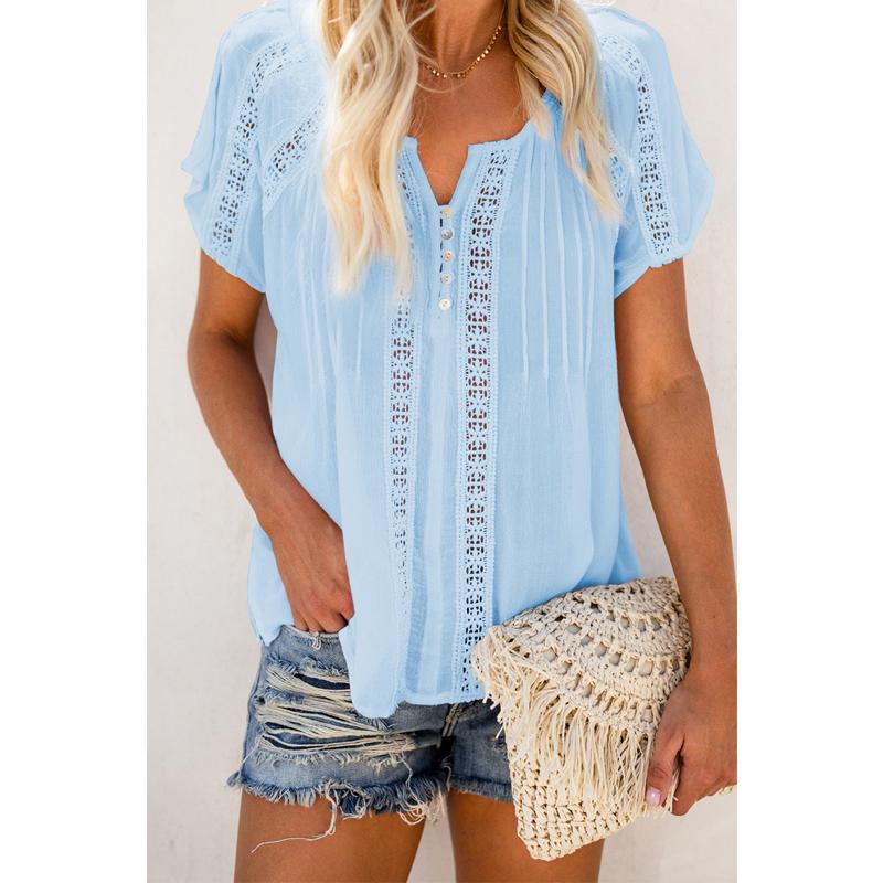 

Women' Blouses & Shirts CINESSD Women Solid Hollow Chiffon V Neck Short Sleeve Button Casual Tops Summer Draped Pullover Office Lady Blue B, Gray