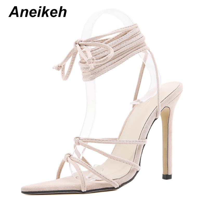 

Aneikeh Cross-Tied Women's Sandals Narrow Band Pointed Toe Solid Thin Heels British Style Wedding Women's Shoes 2021 NEW Summer, Apricot