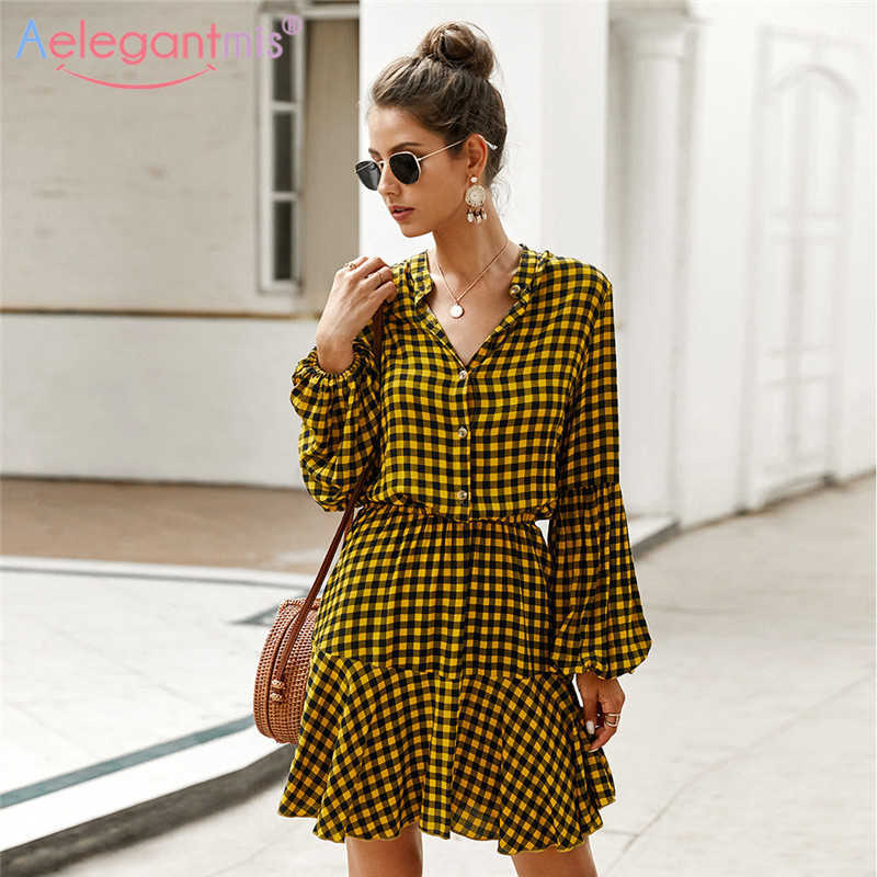 

Aelegantmis Women Sexy V Neck Shirt Dress Plaid Print Lantern Long Sleeve Summer High Waist Slim Ladies es Robe Red 210607, Yellow