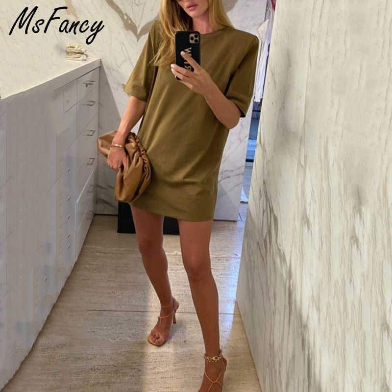 

Msfancy Summer Cotton Short Sleeve Dress Women Vintage Drop-shoulder Loose Mini Vestidos De Mujer Casual Robes 210604, Khaki green