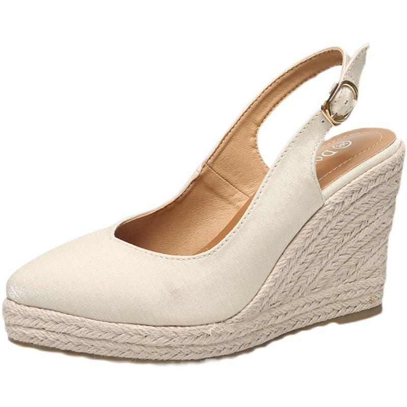

Dress Shoes 2021 Top Sell Women Wedge Spring And Summer Style Shallow Mouth Pointed Toe Thick Bottom Fashion High Heels Straw Sandals, Beige