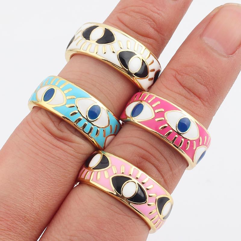

Wedding Rings Turkish Colorful Evil Eye Wide Gold Eternity Band Jewelry White Pink Blue Enamel Engrave Stylish Metal Texture Finger Ring, Slivery;golden