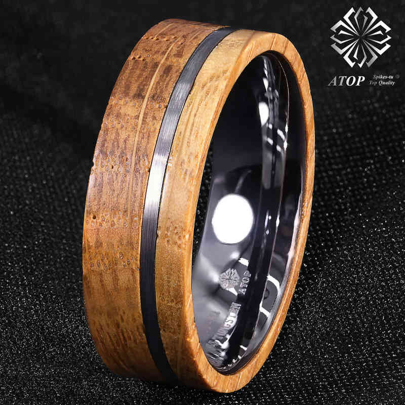 

8mm Tungsten Ring With Whiskey Barrel Wood Brushed Stripe ATOP Men Wedding Ring 211230