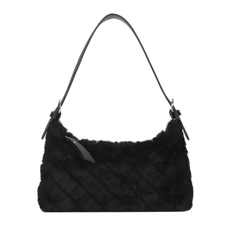 

Fashion Lattice Pattern Underarm Bag Autumn Women Solid Color Plush Shoulder Handbags Portable Commuter Street Phone Purse Bags, Black