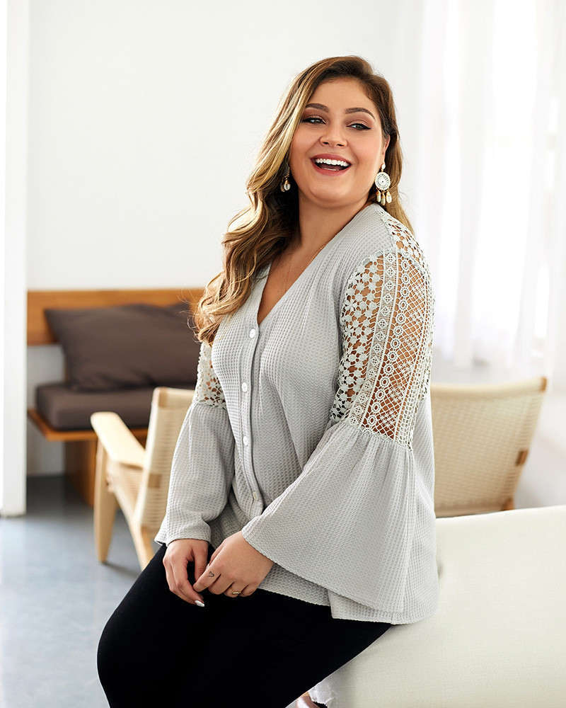 

Plus Size Designer Knits Solid Color Bell Sleeve Tees Womens Lace Hollow Out Casual V Neck Tops, Black;white