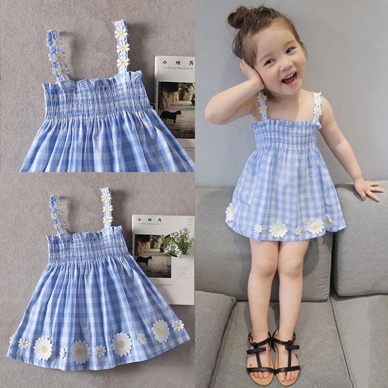

VIDMID baby kids Girls cotton dress summer new children's suspender dress princess Plaid baby kids sleeveless dresses P2150, As photo