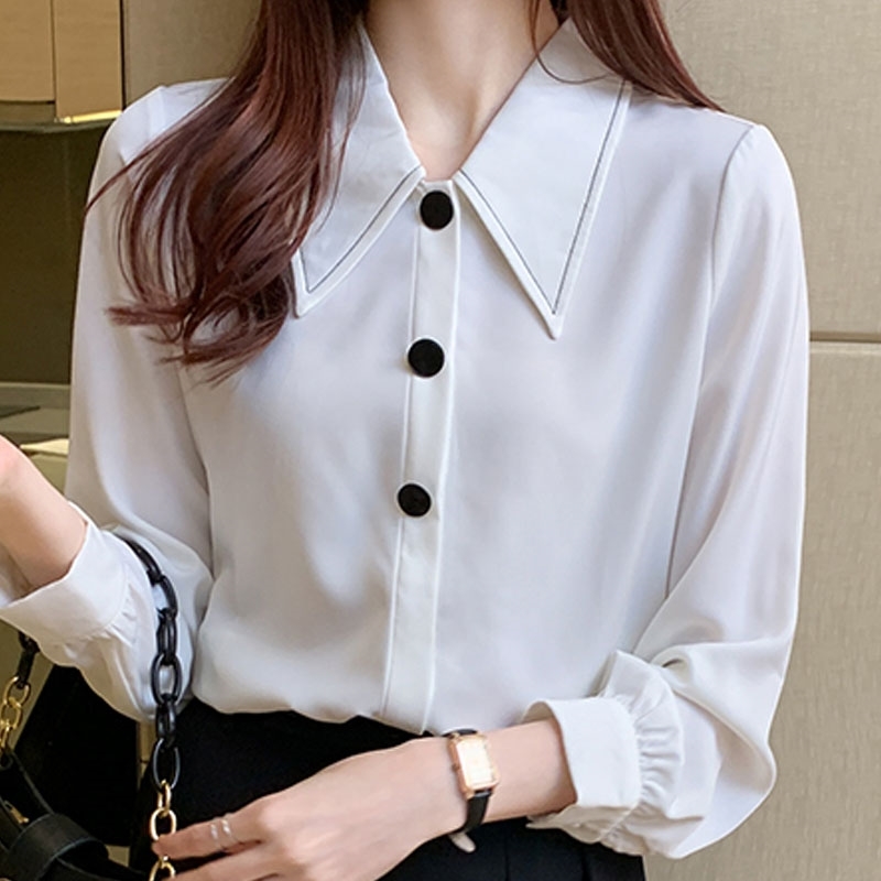 

Long Sleeve Office White Blouse Shirt Blouse Women Blusas Mujer De Moda Turn Down Collar Chiffon Blouse Shirt Blusa D659 210602