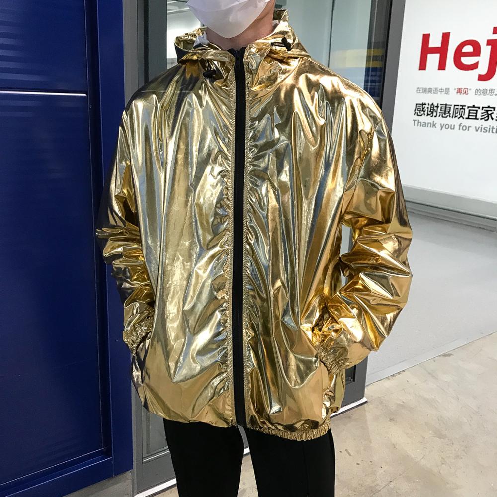 

Mens jackets and coats Fashion windbreaker Jackets Men Thin Gold And Silver Hooded Jacket Spring Autumn streetwear Hip Hop coat