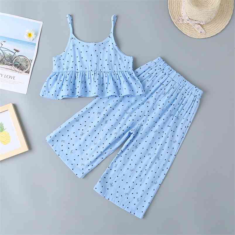 

Summer Infant Rompers Clothes Strap Botton Tops Long Pants Dot Blue Baby Girls Costume 18M-6T 210629