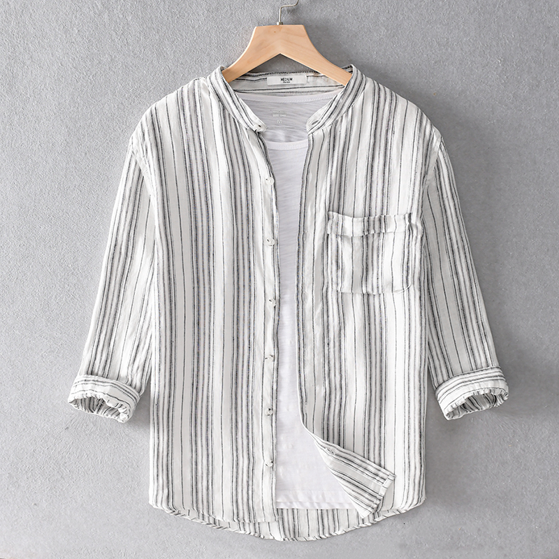 

2021 New Vero Itlia Marca Linho Masculina Moda Gola Listra Camisas Para Homem Camisa De Manga Trs Quartos Dos Homens Chemise 6f23, White