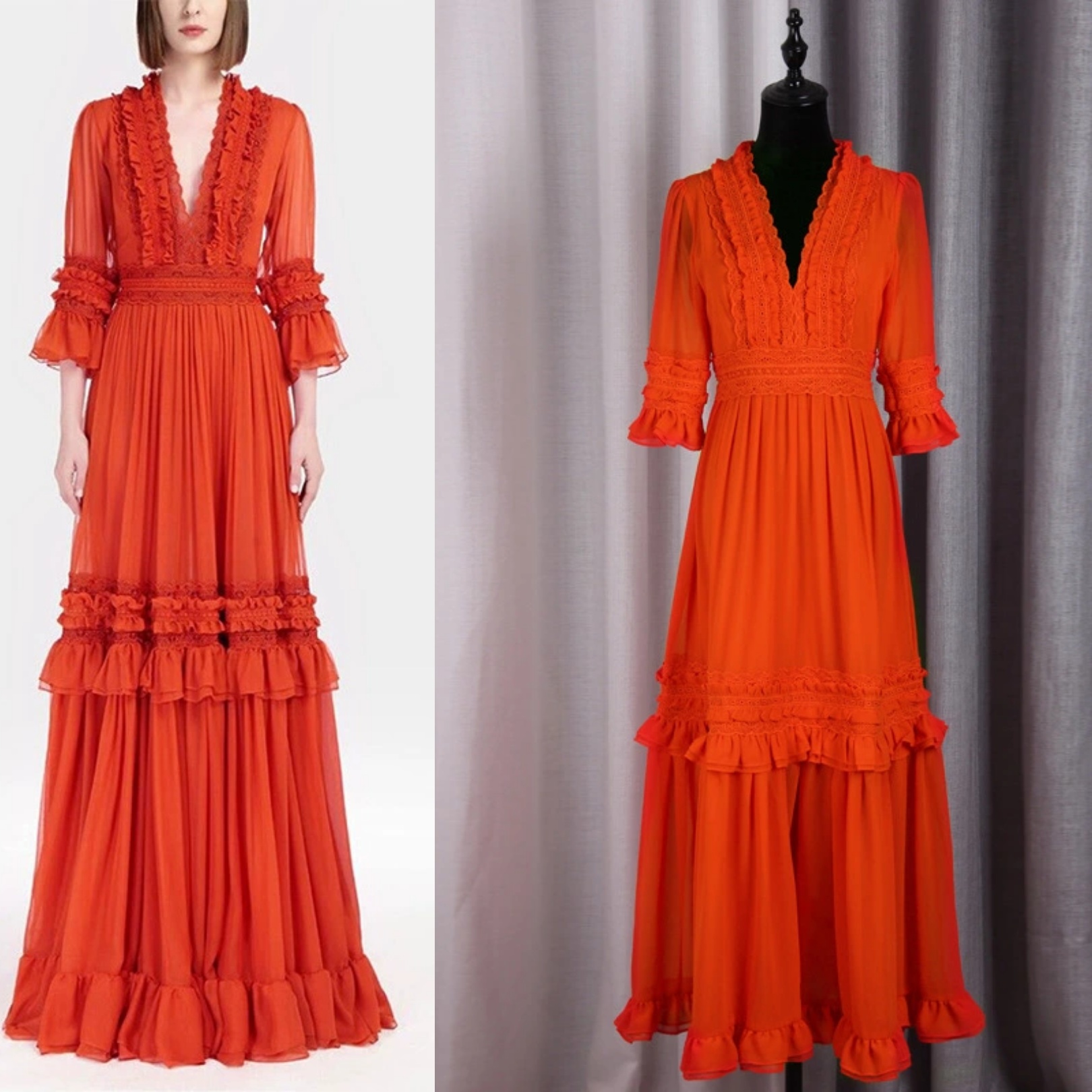 

Stars with the same paragraph high-quality lace stitching dinner dress, Orange